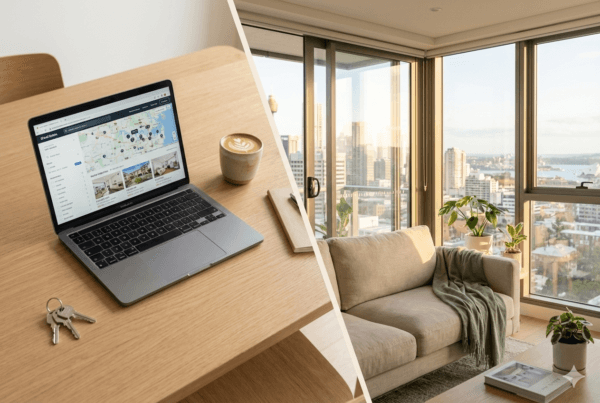 Split view of a young professional renting an apartment in Sydney and an investment property in a more affordable suburb, illustrating the rentvesting strategy