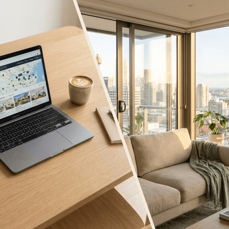 Split view of a young professional renting an apartment in Sydney and an investment property in a more affordable suburb, illustrating the rentvesting strategy